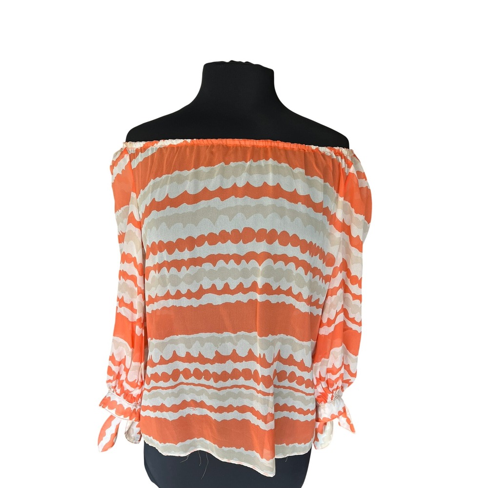 Trina Turk Orange Tan Striped Off Shoulder Silk Blouse Tie Cuff Size M
